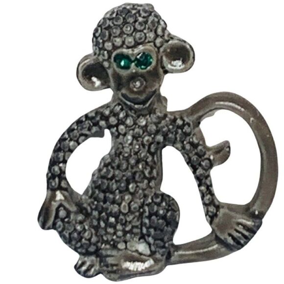 Womens Tiny Gray Texture Enamel Smiling Monkey Green Eyes Vintage Brooch Pin 1” - Picture 1 of 7